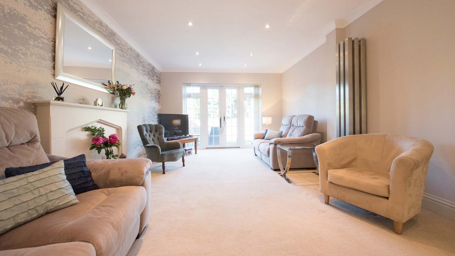 A professional installing a carpet over tiled floor