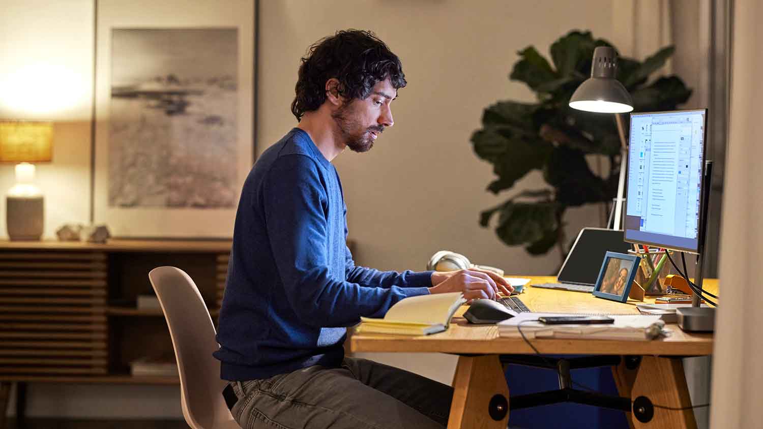 Man working late at home office