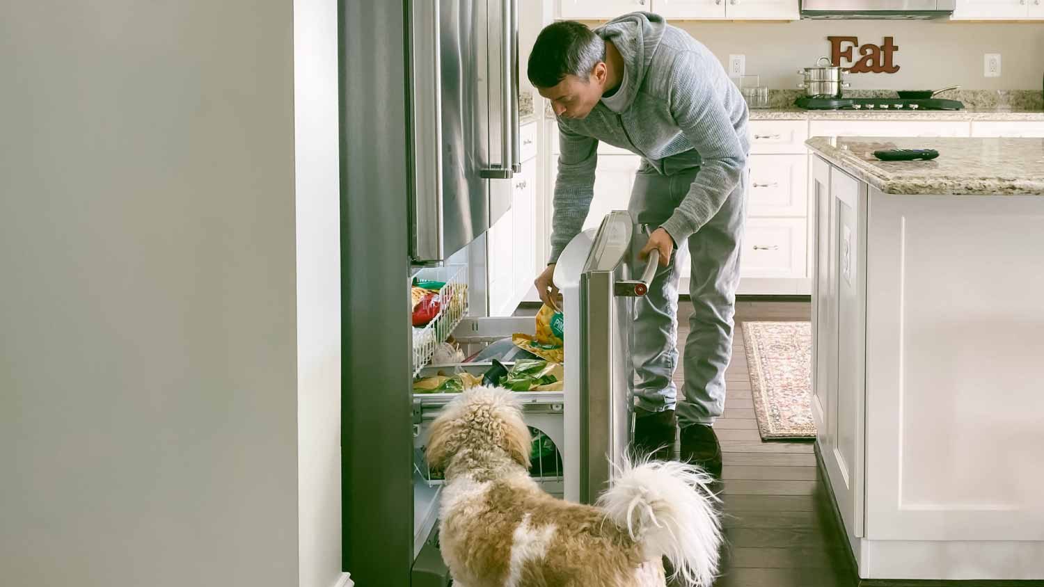A man looking into the freezer