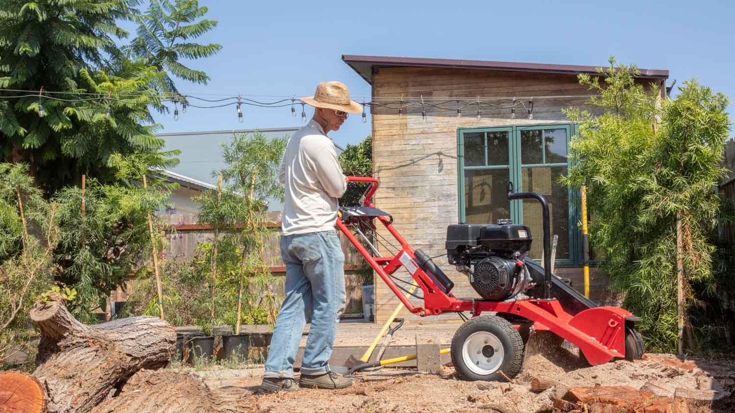 A homeowner operating a stump grinder in his backyard