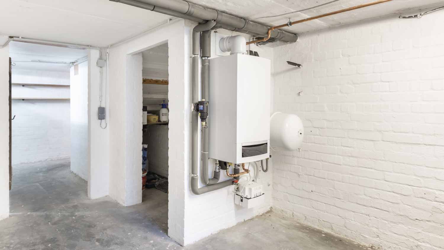 Empty basement with water heater