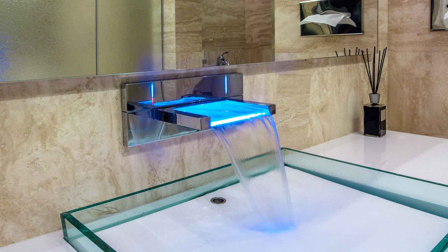Waterfall bathroom faucet with led light
