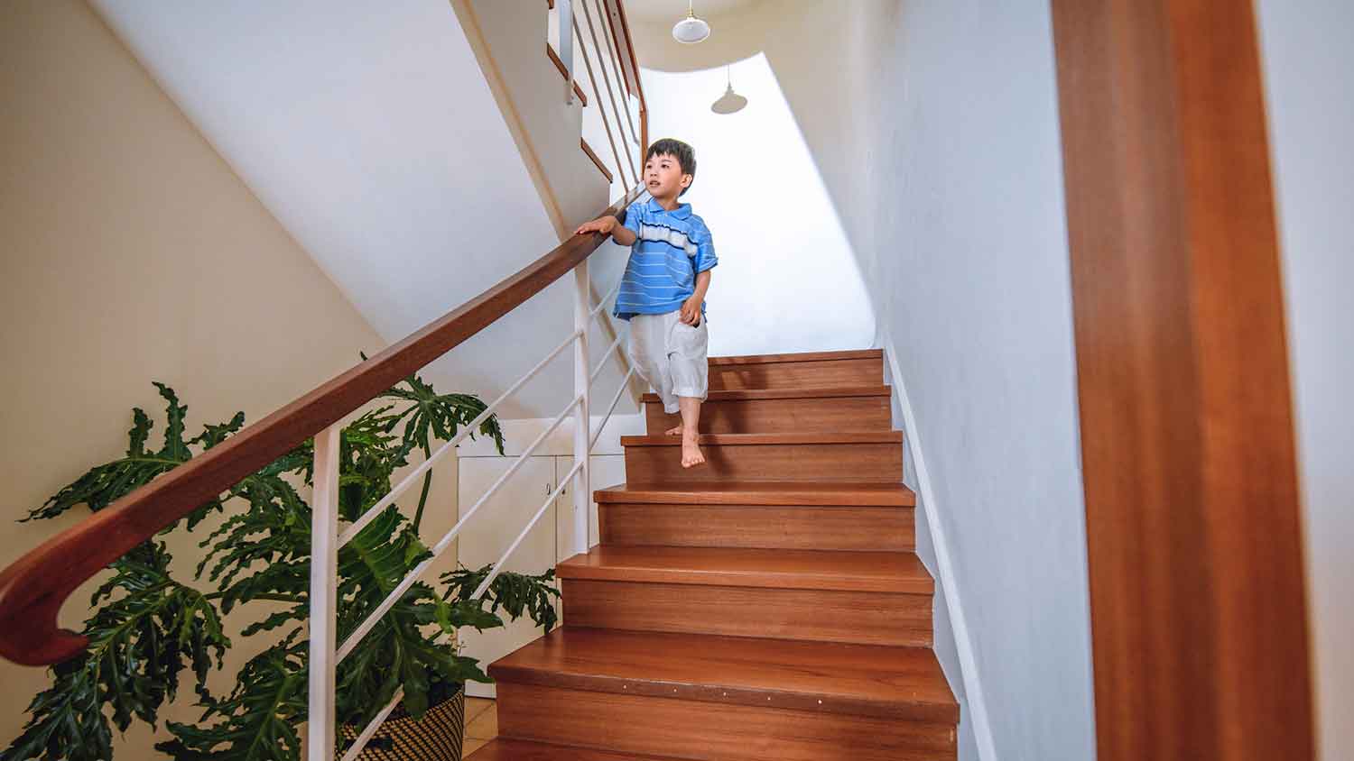 Boy at home going down the stairs