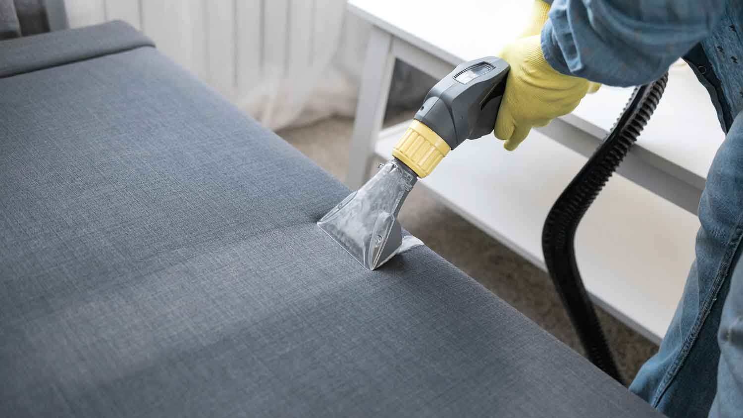 Worker cleaning sofa with extraction method