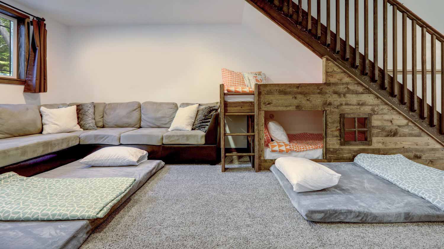 living room with custom build bunk bed