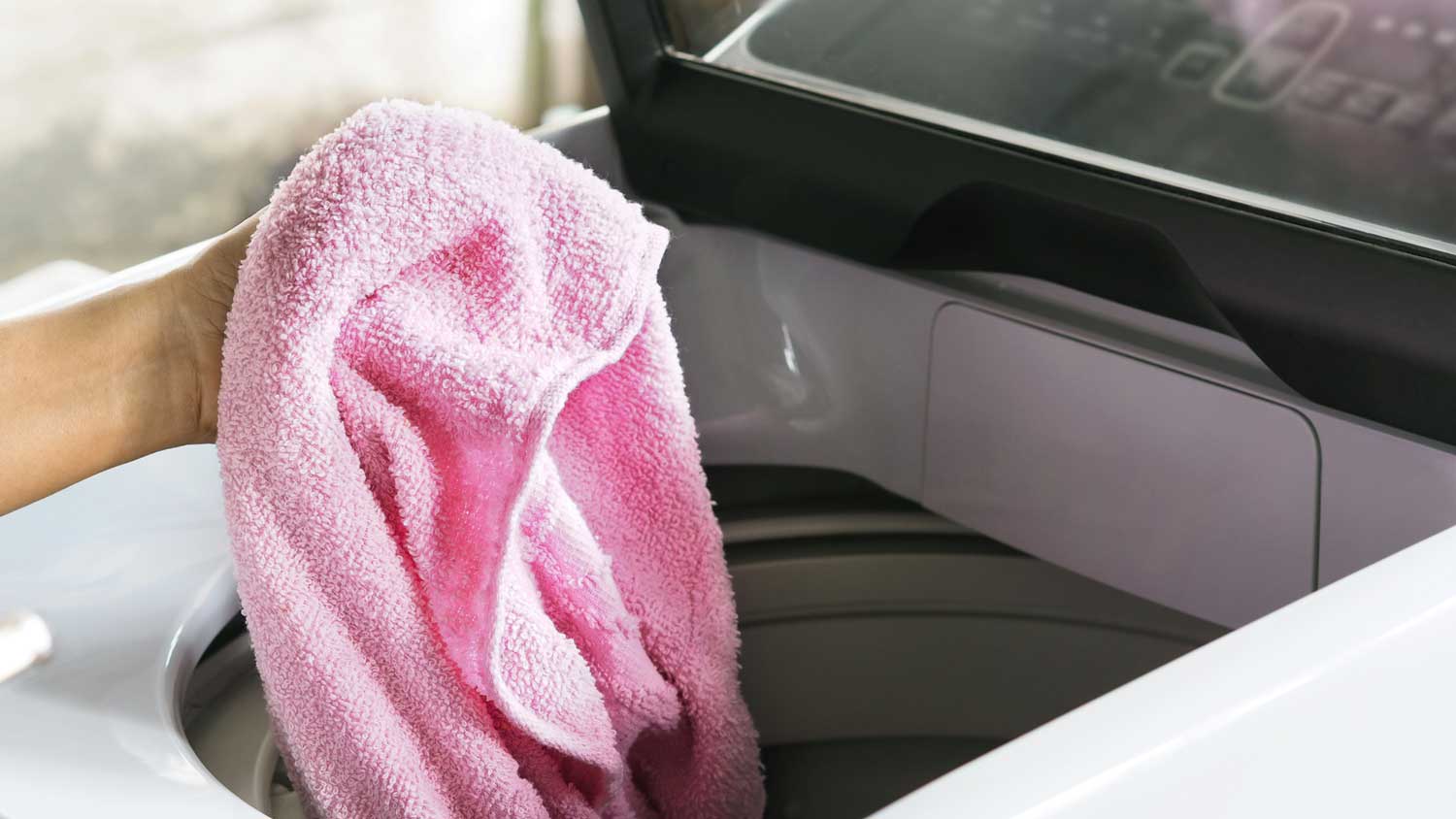 A person placing a towel in a top load washing machine