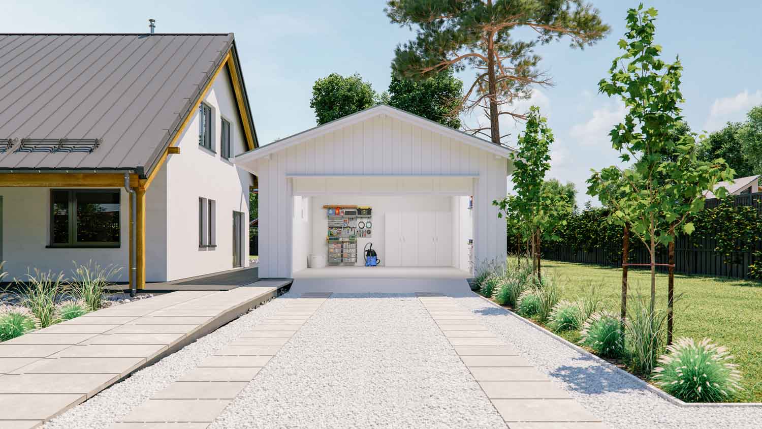 An open small detached garage