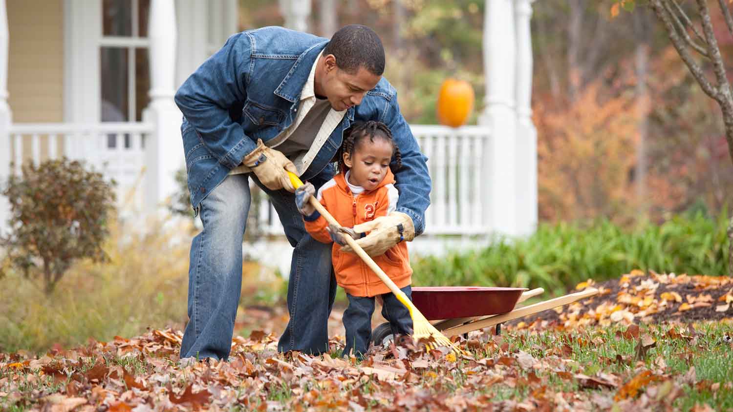 Father teaching his child how to rake autumn leaves