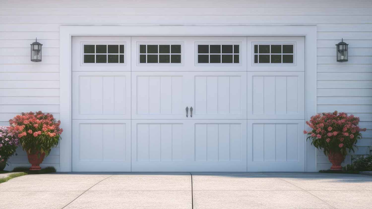 White garage door with a driveway in front