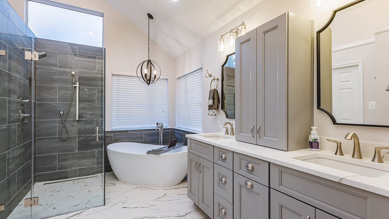 Gray bathroom with two sinks