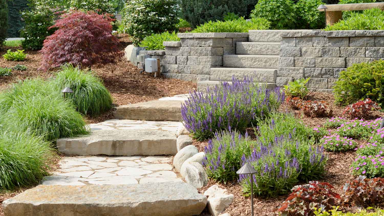 Great landscaping with stone steps and path