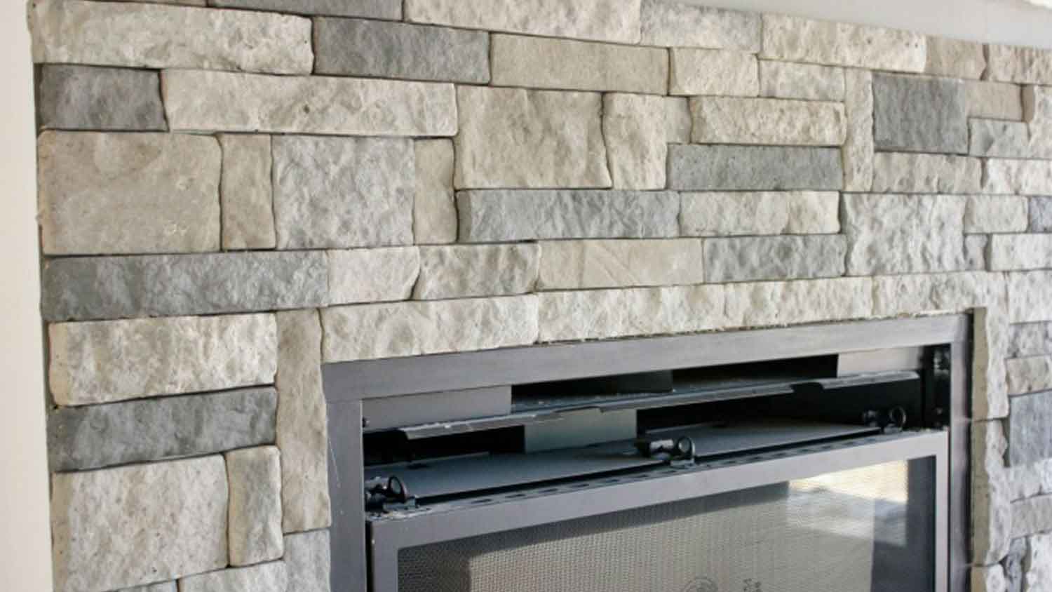 stacked stone fireplace