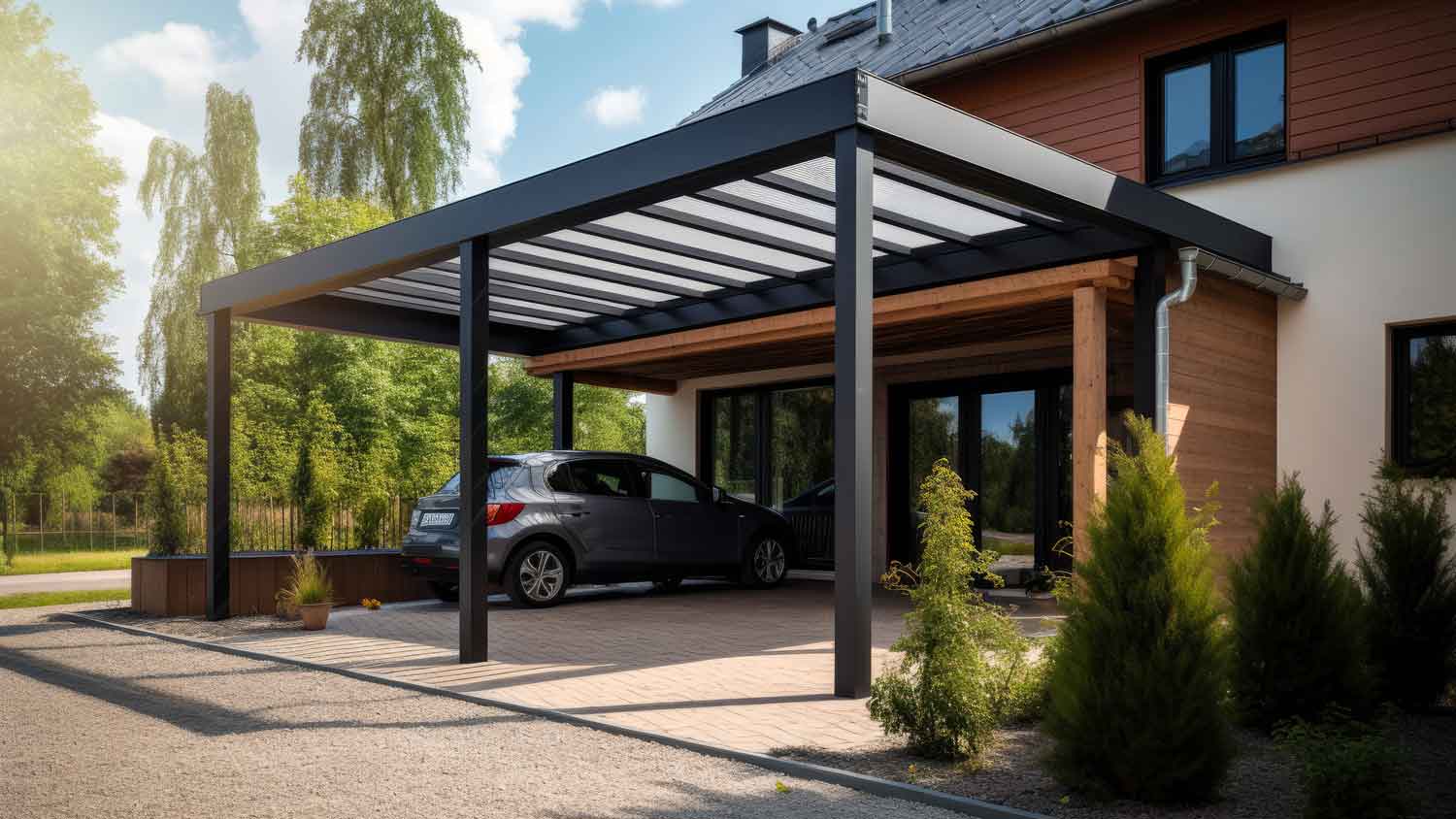 A contemporary house with a carport
