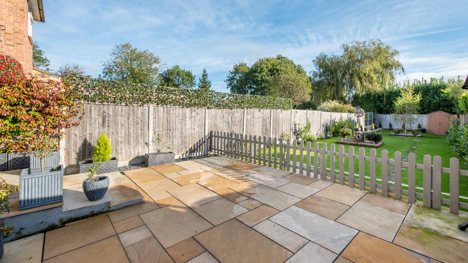A general view of a sandstone slab paving patio