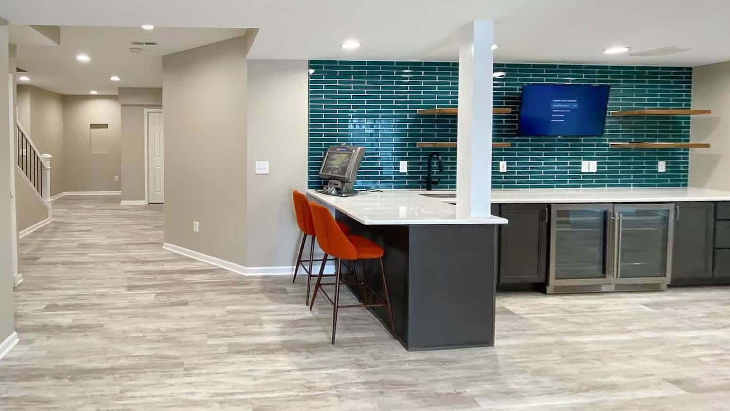 basement entryway and kitchen interior