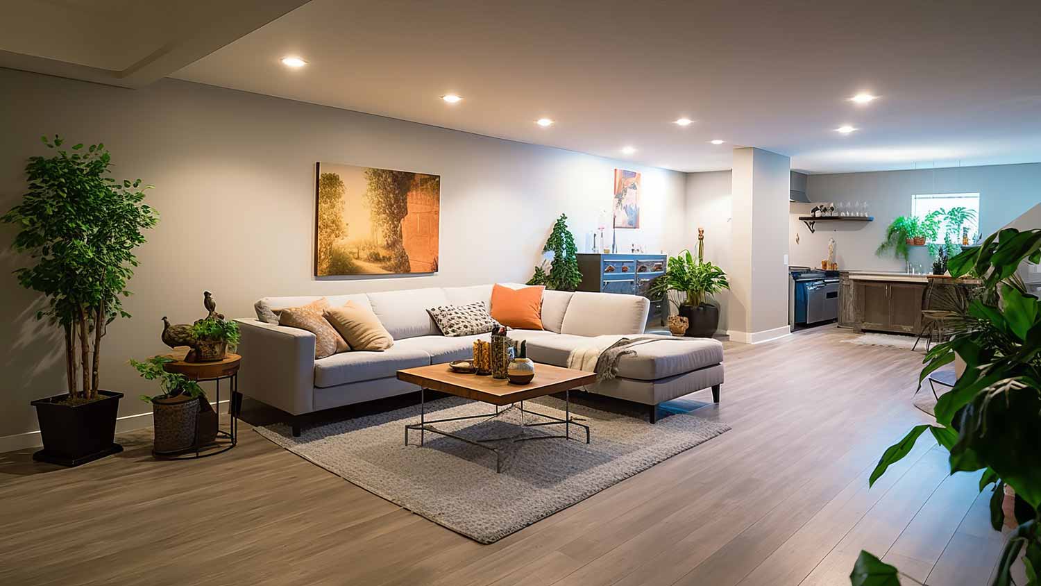 An open-space living room in a house’s basement