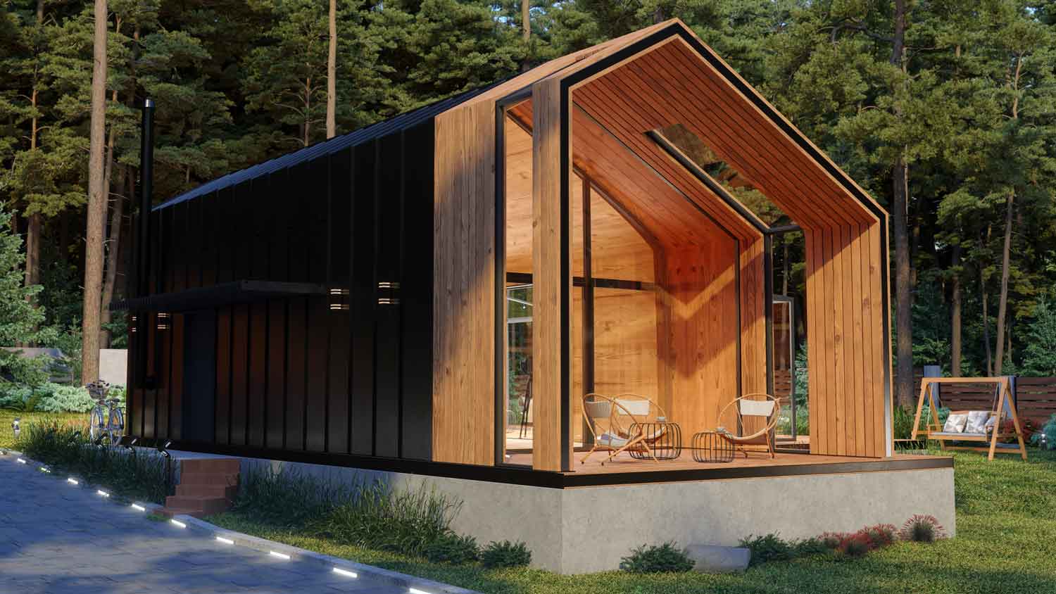 exterior of a wood tiny house in the forest