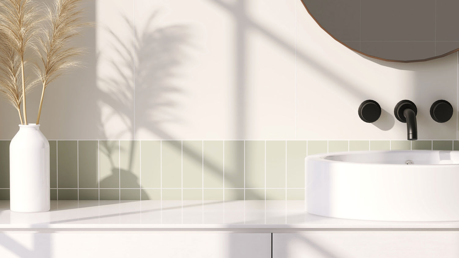 A minimal bathroom with mint tiles and white grout