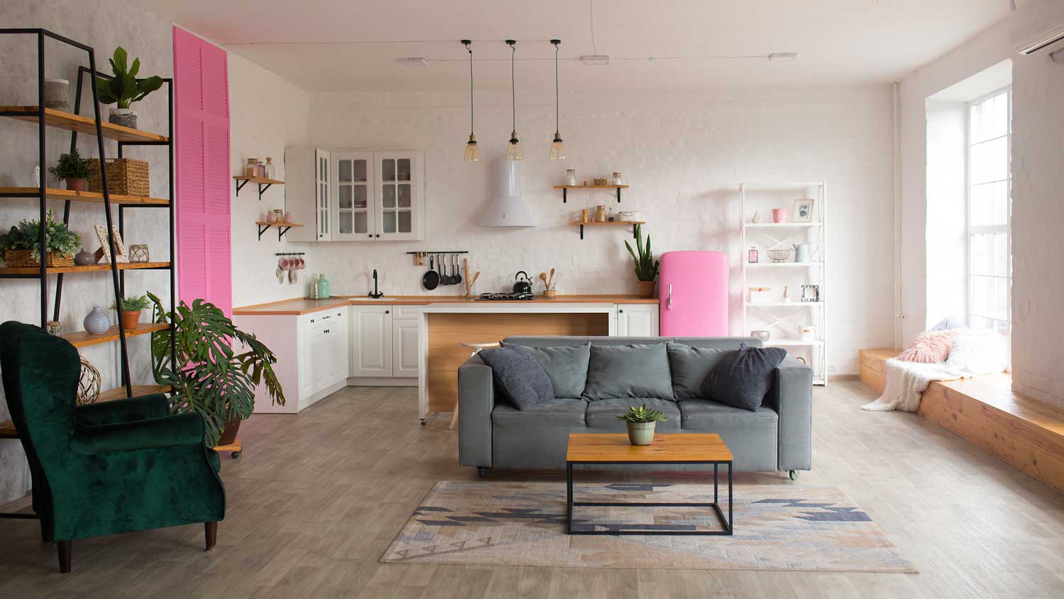 An open-space kitchen with living area