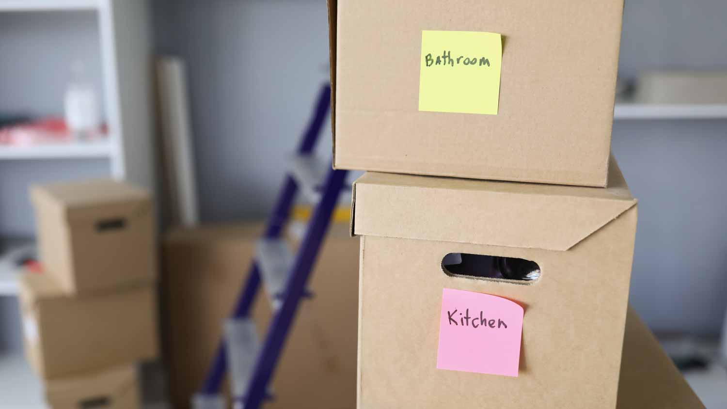 boxes with kitchen and bathroom labels