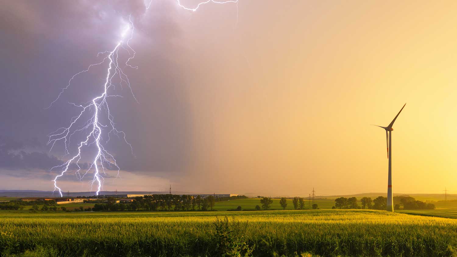 Lightning bolt striking a small town