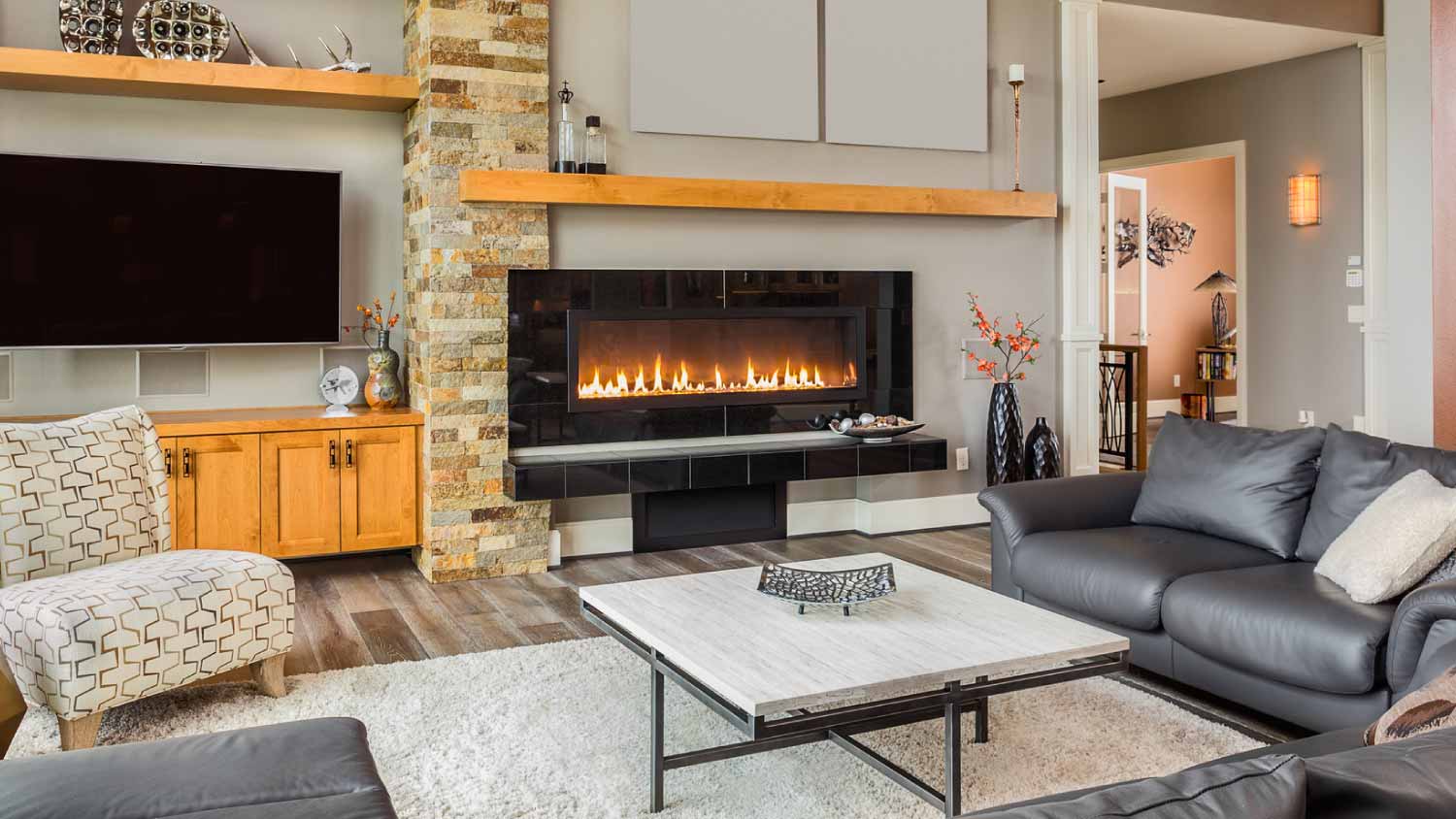 Luxury living room with a fireplace