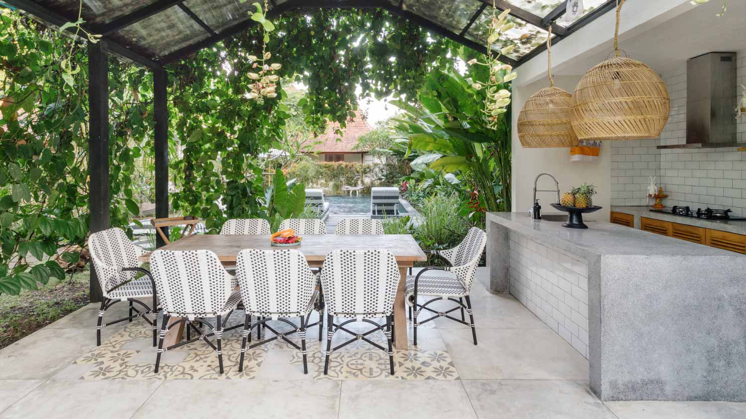 Dining room table and chairs on open kitchen