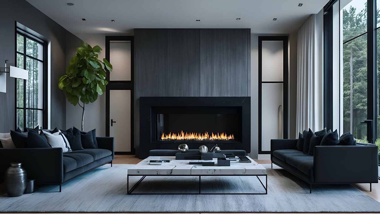 A contemporary living room with a large gas fireplace