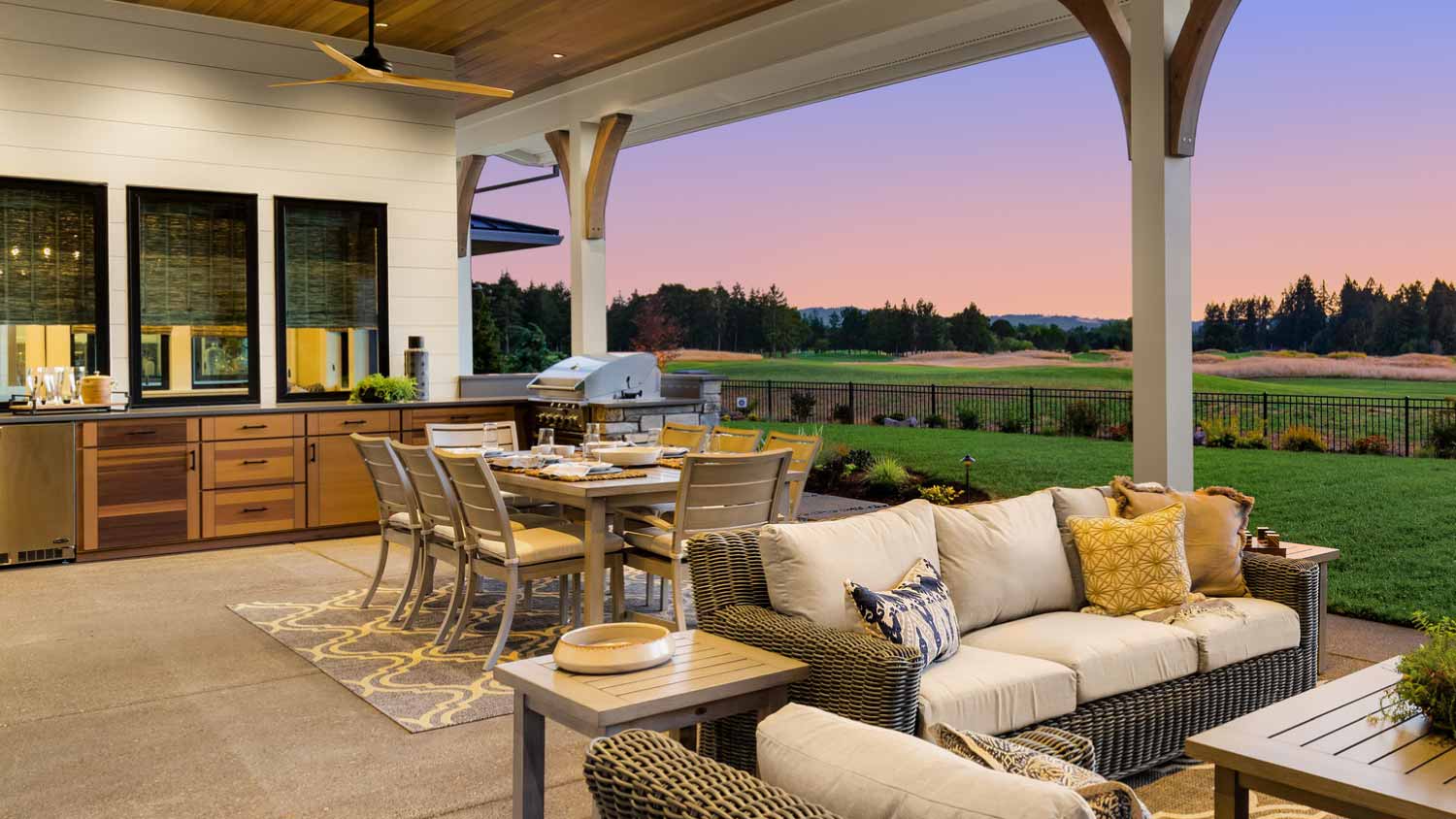 Luxury home exterior at sunset