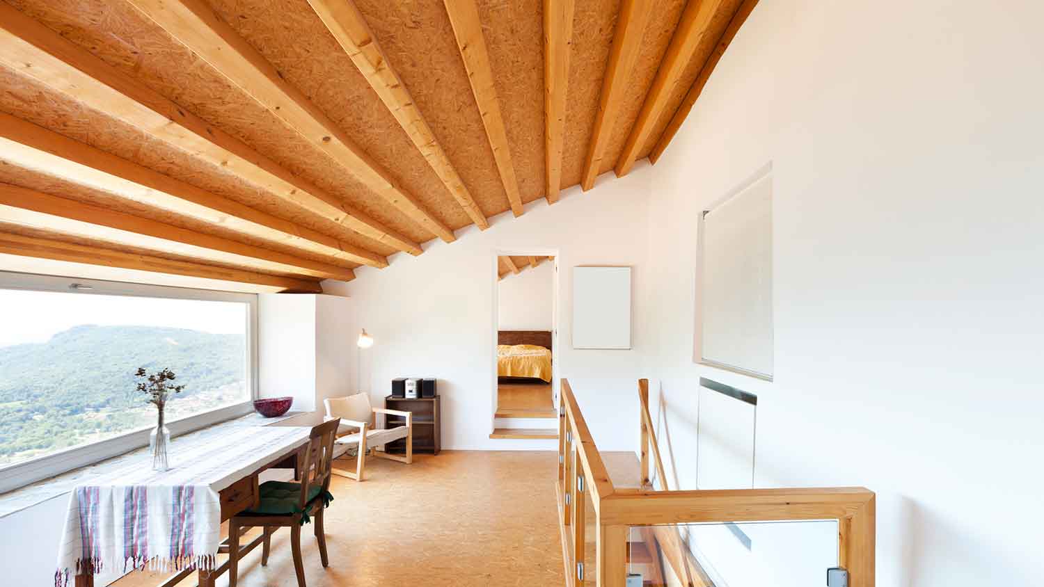 Home interior with wooden ceiling