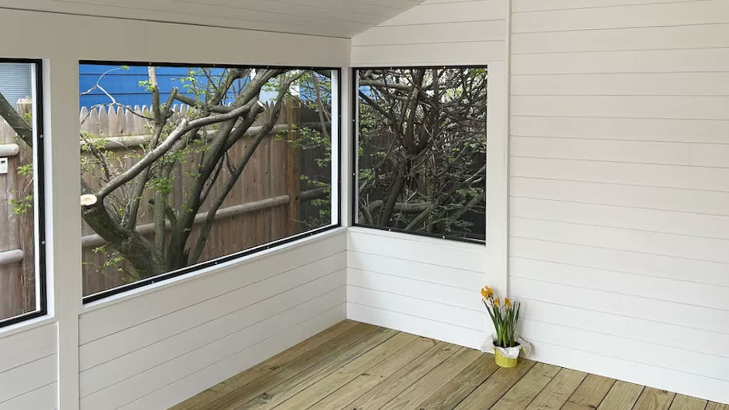 Interior view of a white screen porch