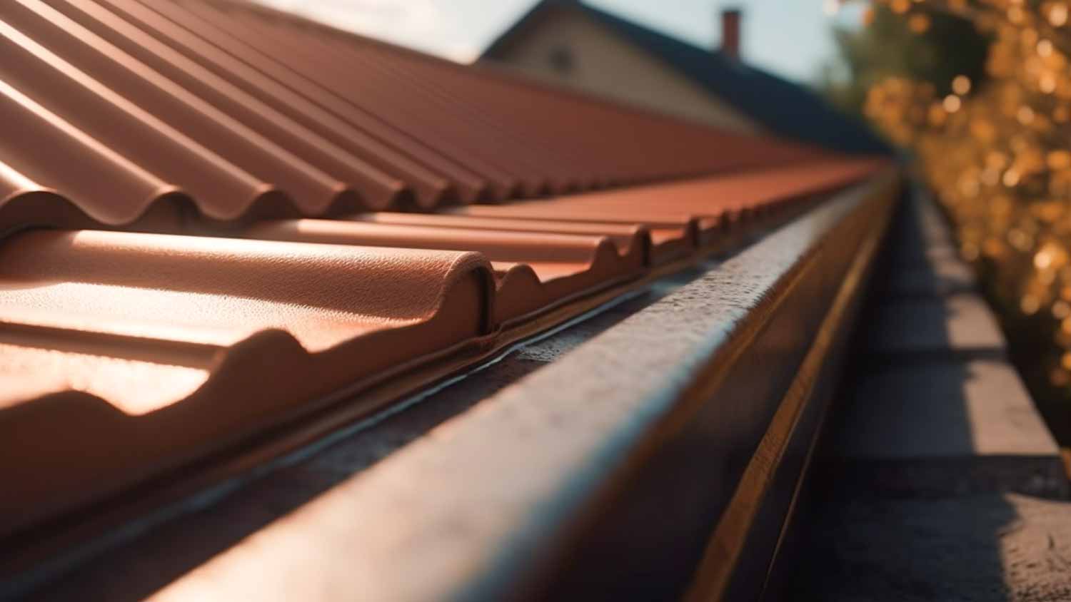 House with a tiled roof with a system of plastic gutters