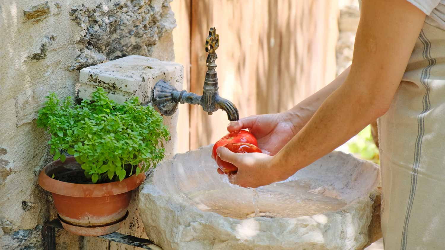 A woman washing a tomato in a rustic outdoor sink