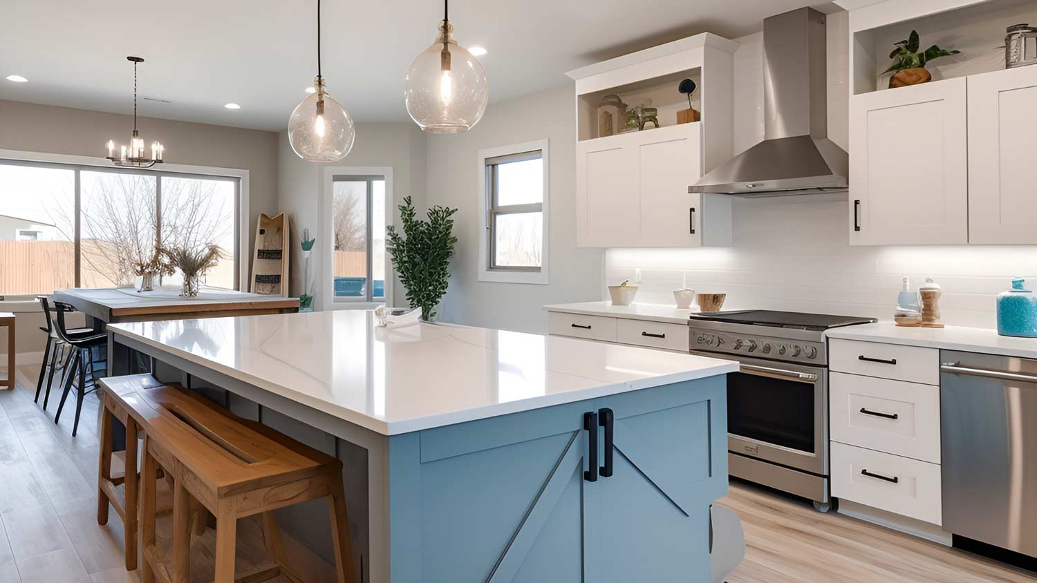 light blue farmhouse kitchen island