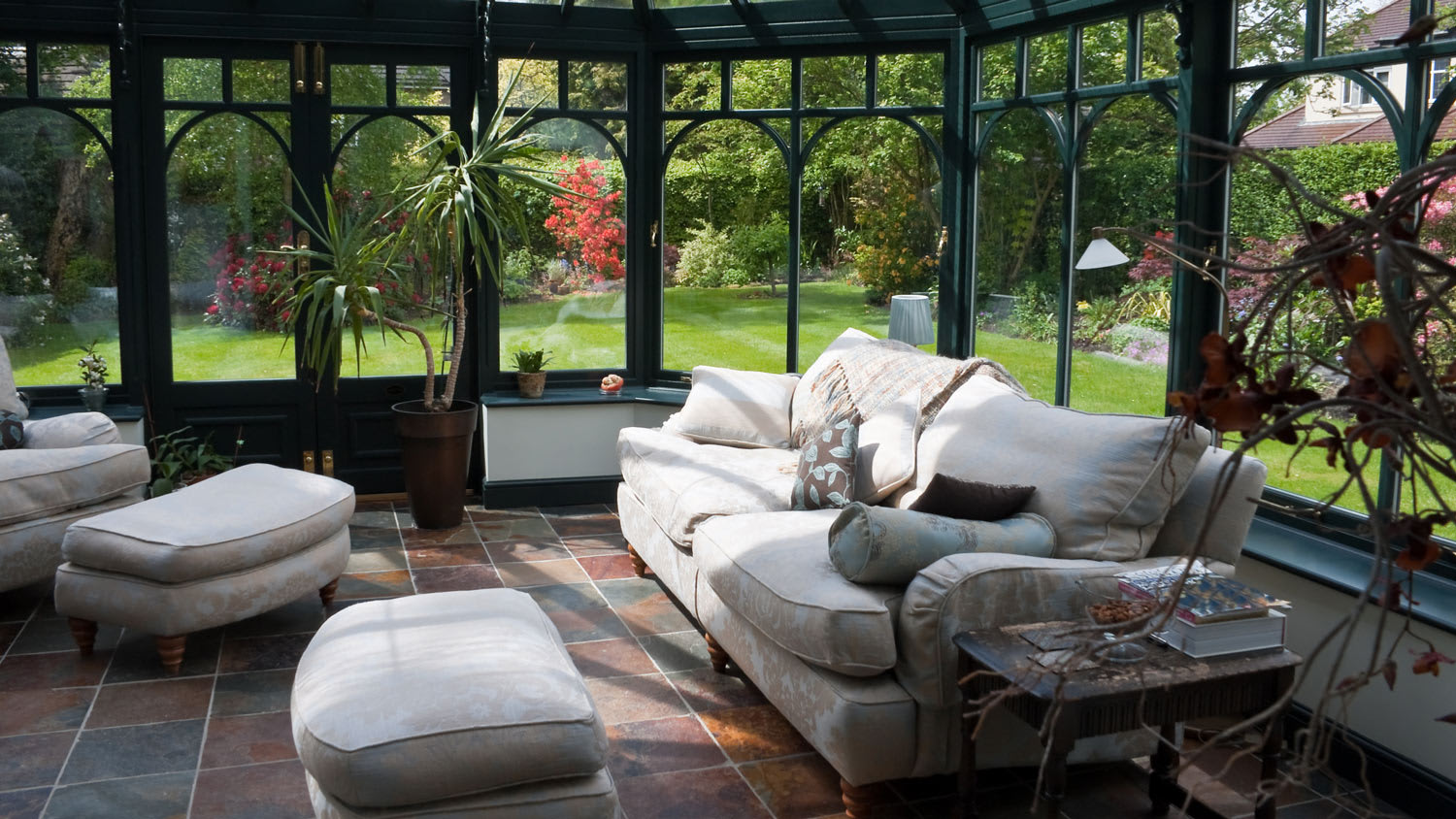 Sunroom with stone floor