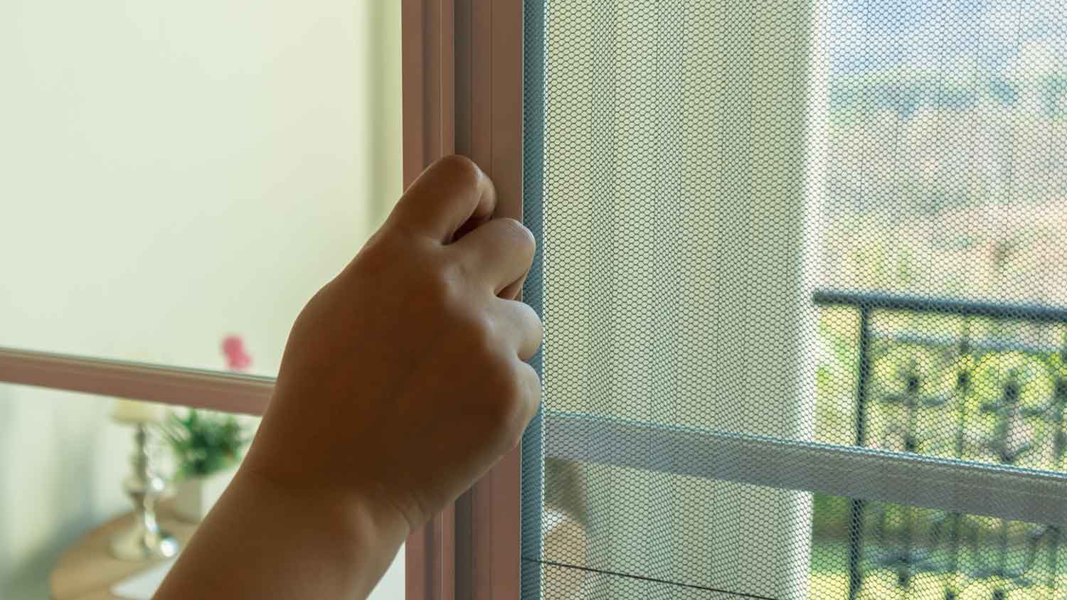 A hand holding a stainless steel window screen