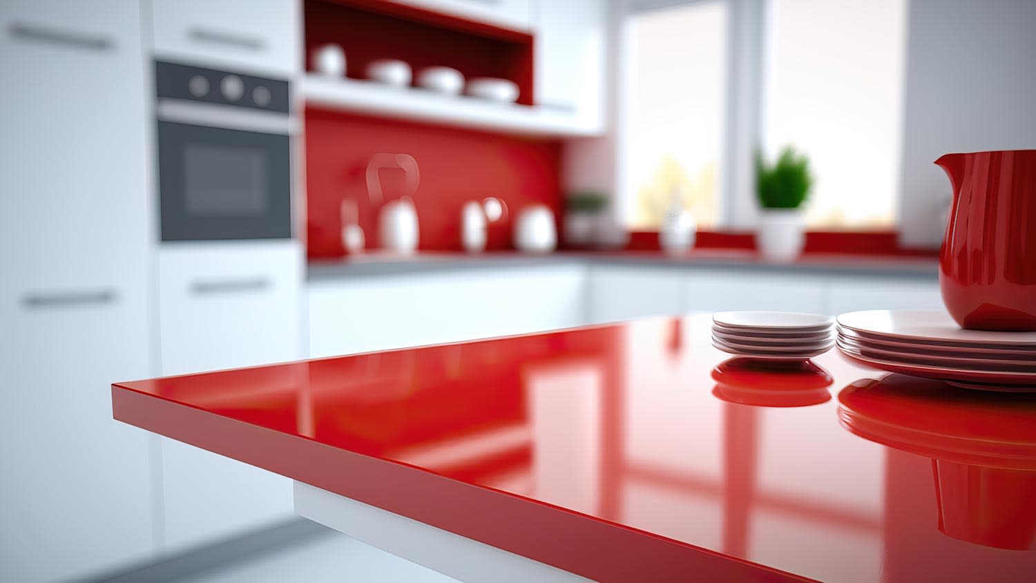 Close-up of a red pyrolave countertop
