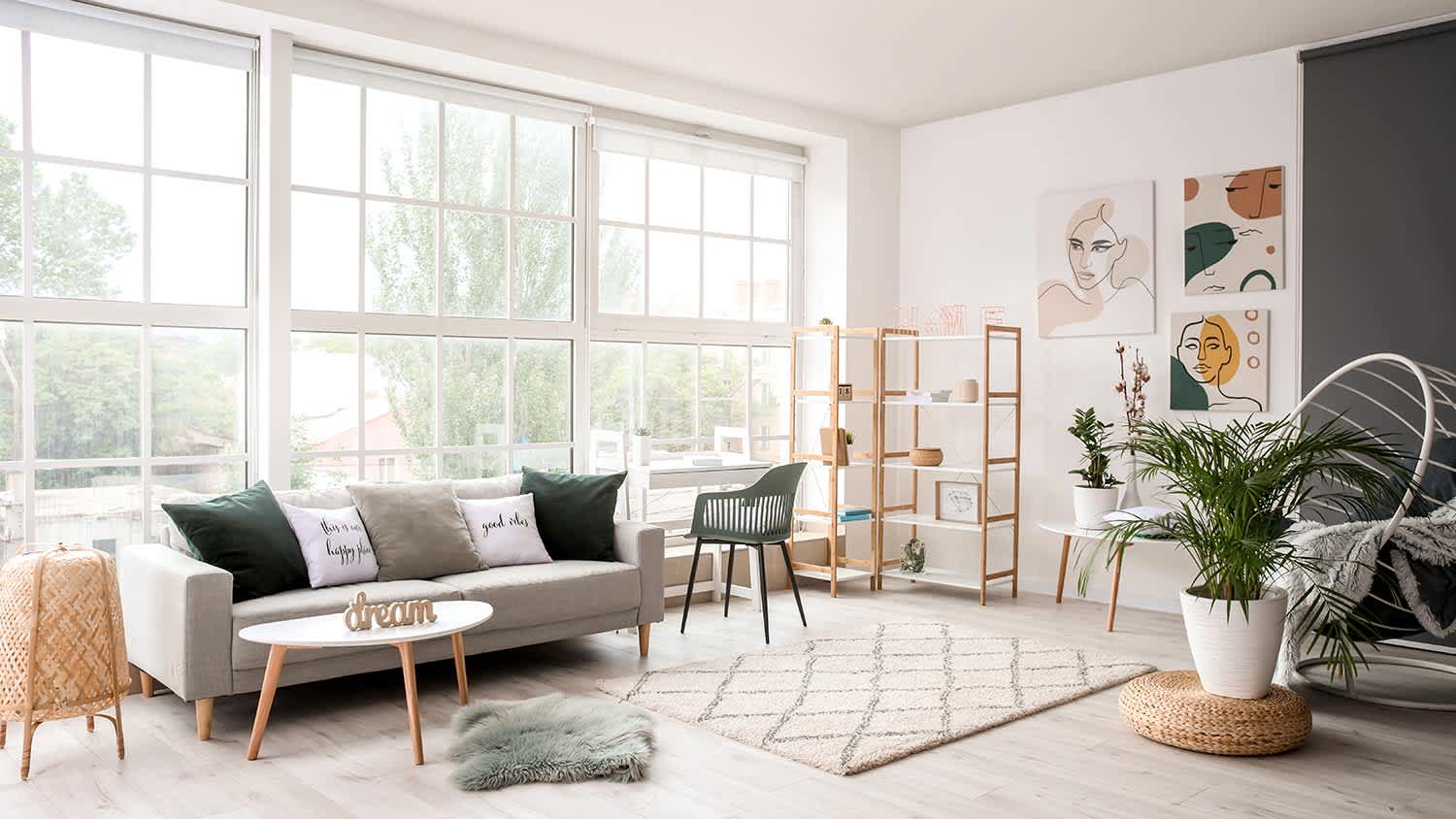 Modern living room space with oversized windows
