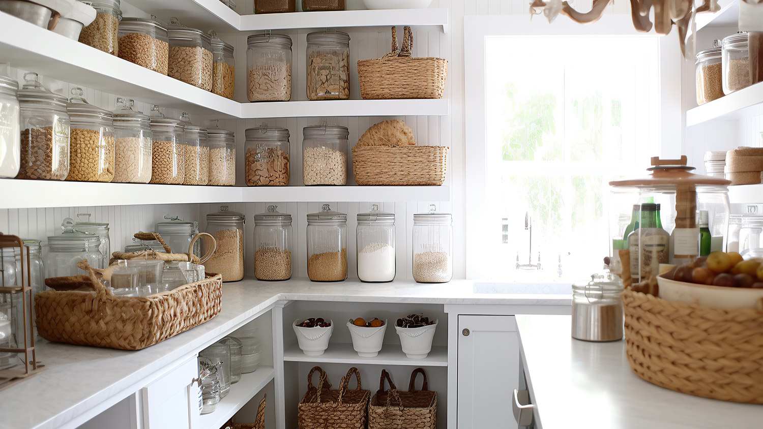 Organized food pantry closet in cozy cottage style home