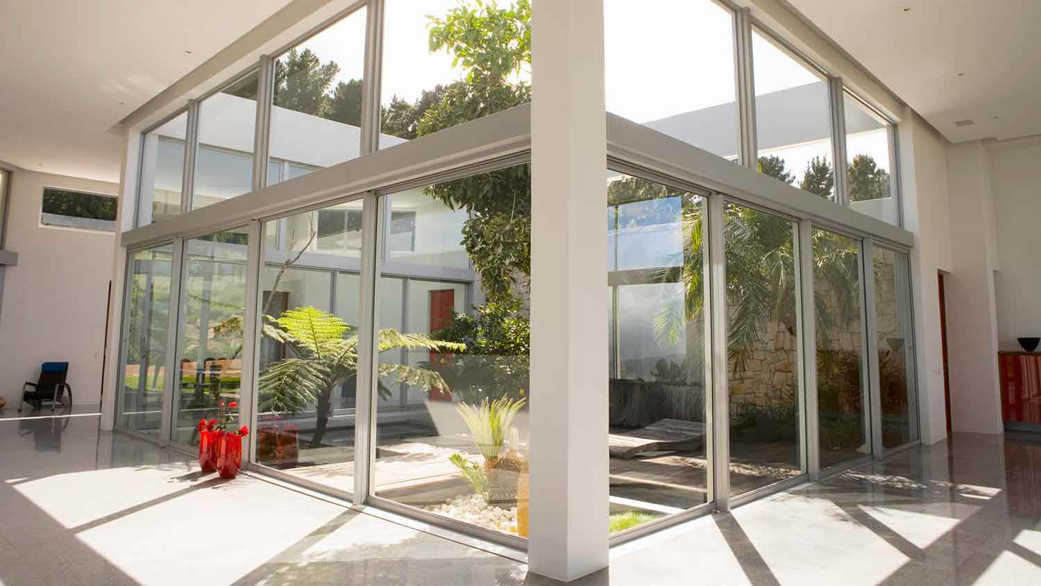 Modern building with tinted glass atrium