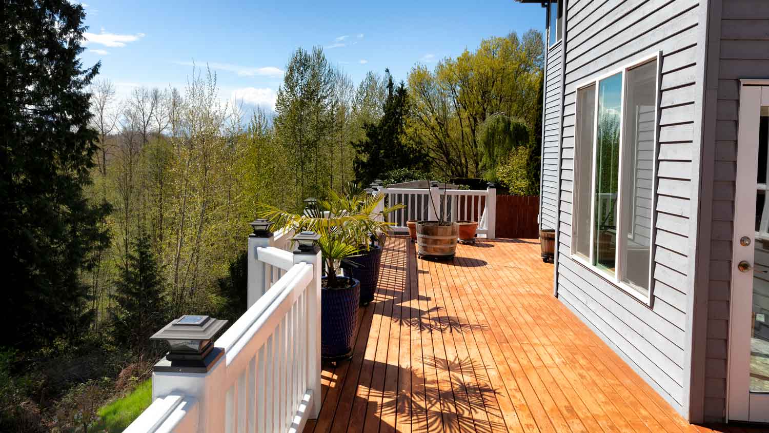 A second-story wooden deck overlooking nature