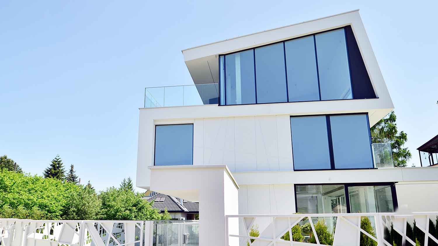 White contemporary house with large windows
