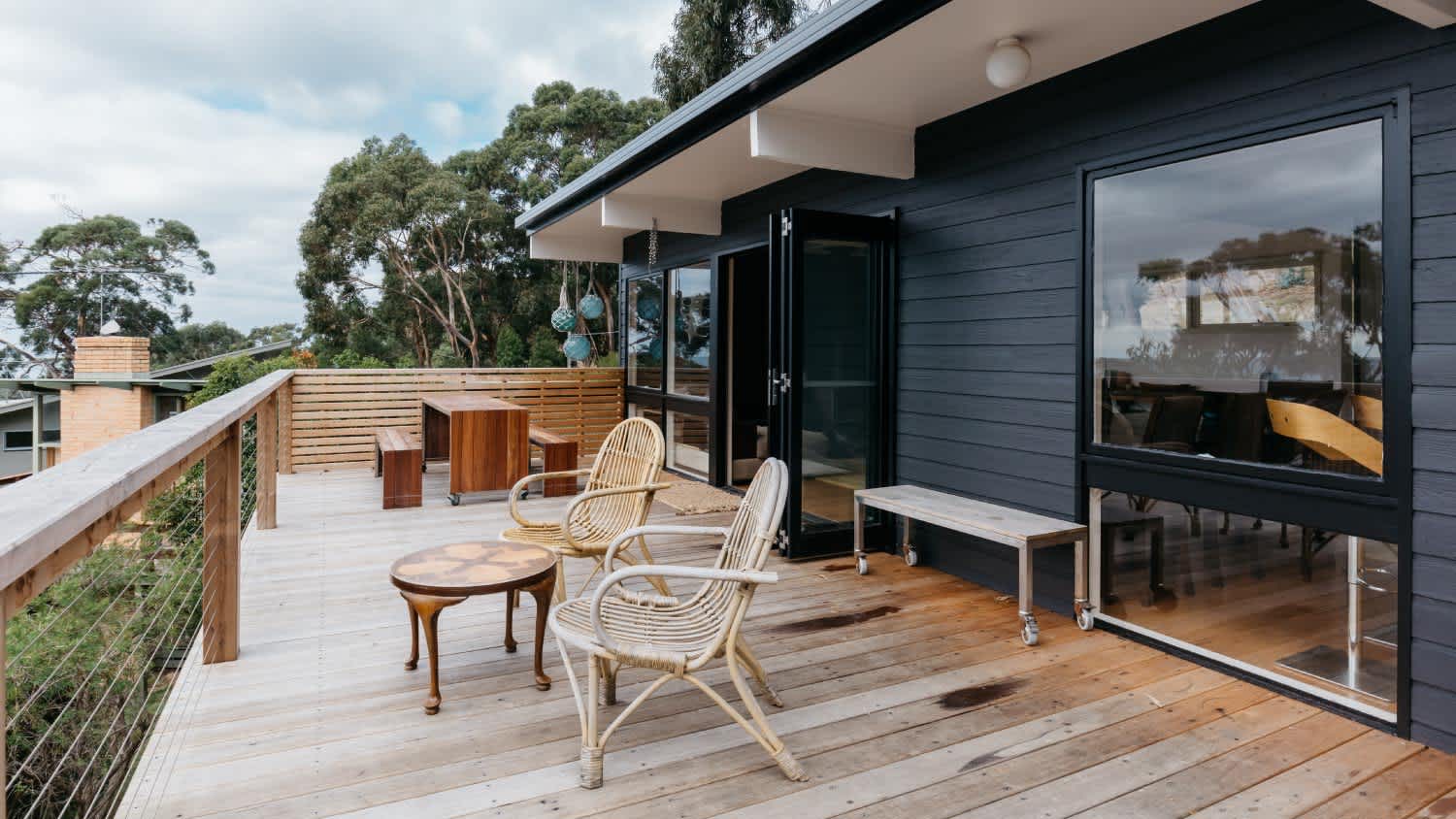 A large deck with outdoor seating