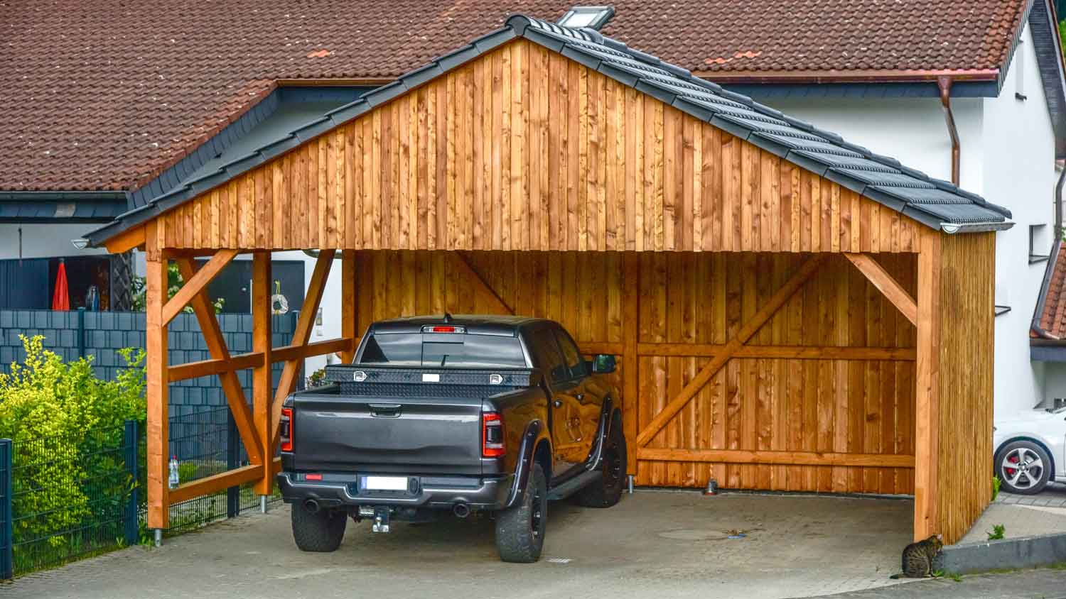 A wooden carport