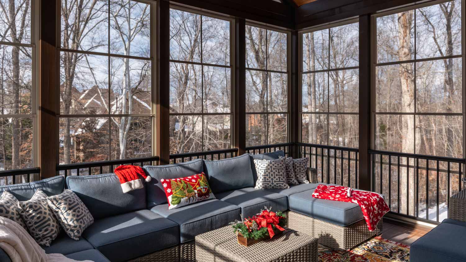 Cozy screened porch during winter