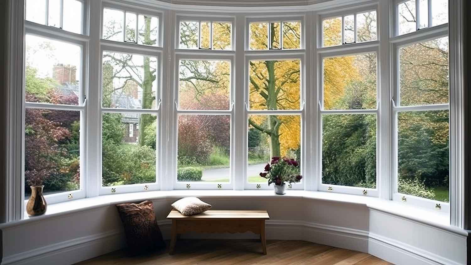 An interior shot of a bow window