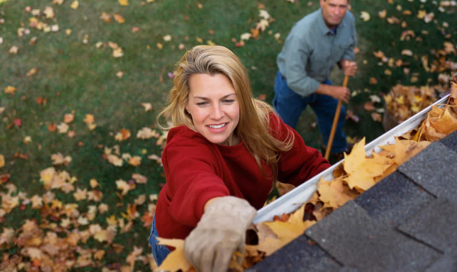 Couple removing leaves out of gutters