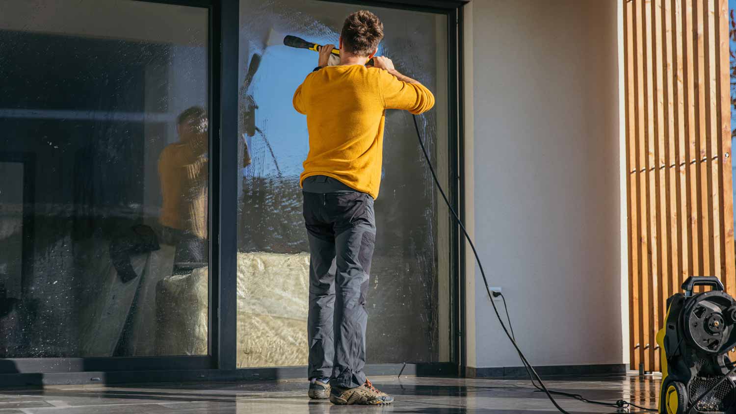 A man pressure washing windows