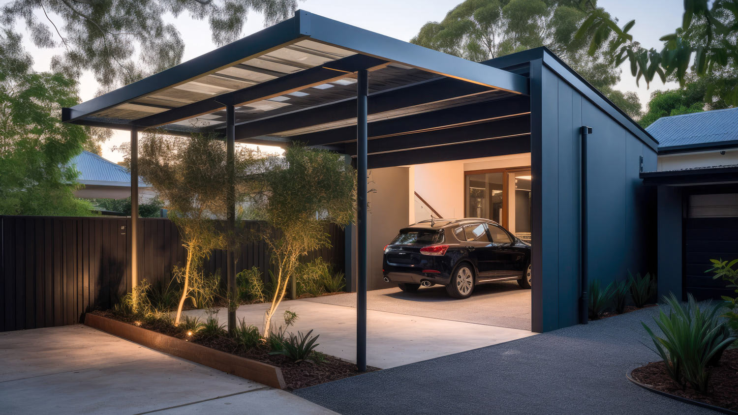 Modern steel carport in a family home