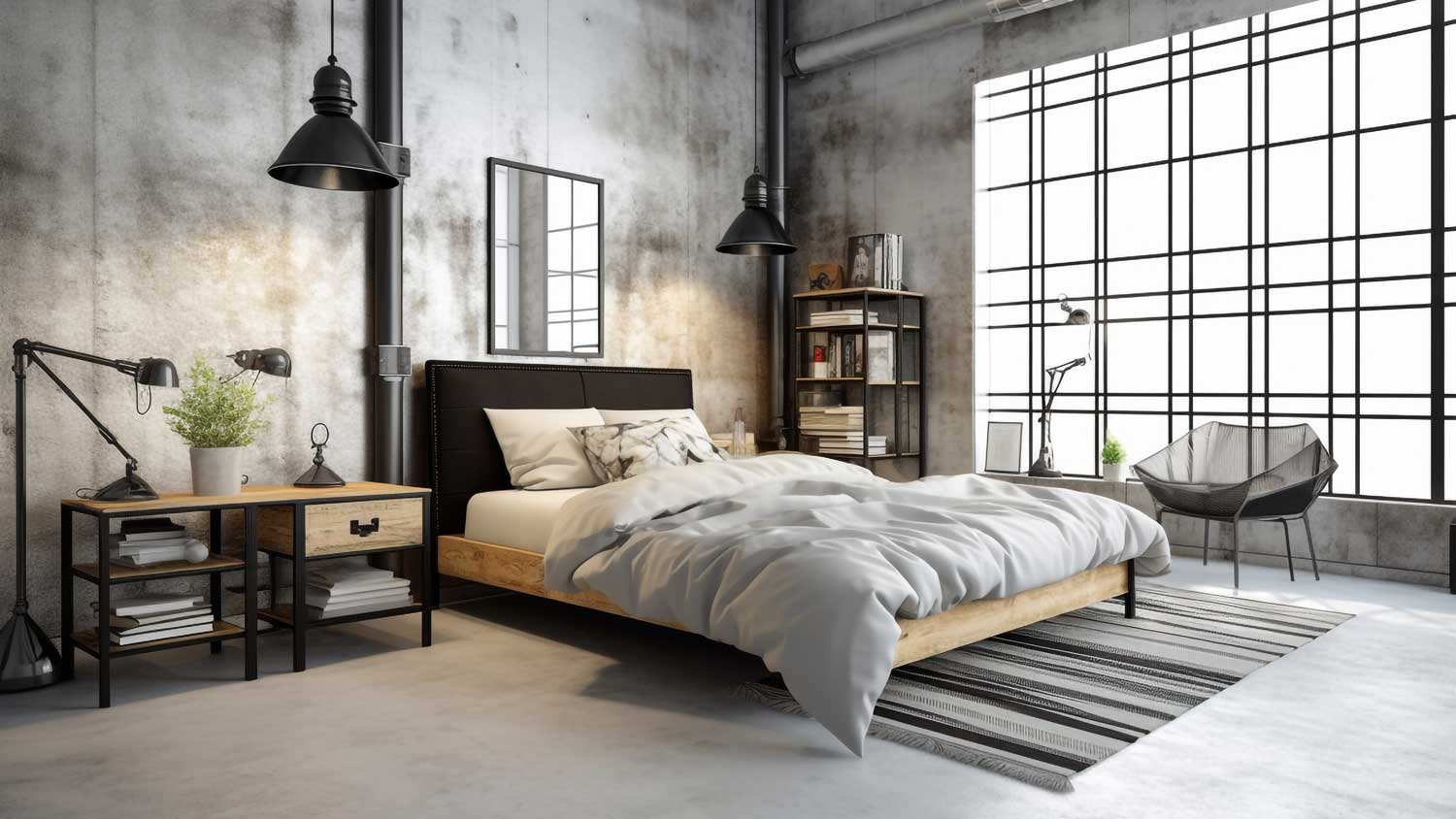 A contemporary bedroom with concrete floor